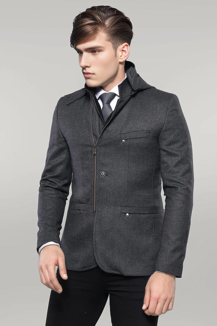 WSS 3 Pockets Hooded Zippered Wool Grey Men Short Coat- - Singen