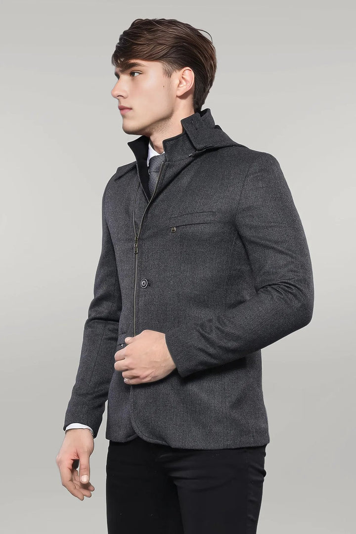 WSS 3 Pockets Hooded Zippered Wool Grey Men Short Coat- - Singen