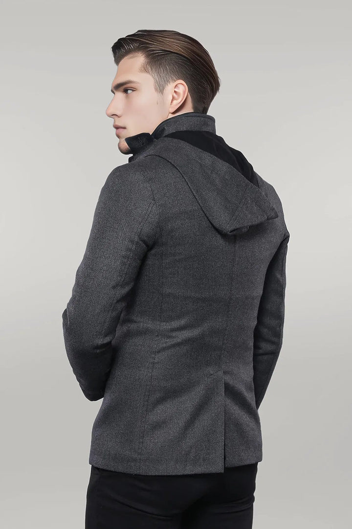 WSS 3 Pockets Hooded Zippered Wool Grey Men Short Coat- - Singen