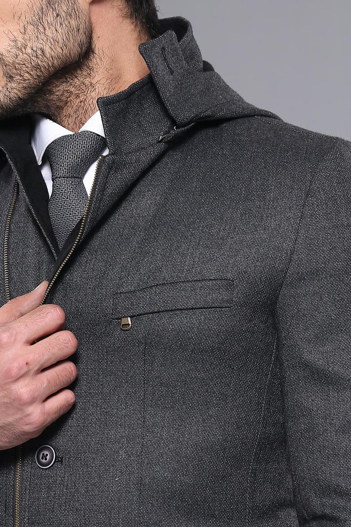 WSS 3 Pockets Hooded Zippered Wool Grey Men Short Coat- - Singen