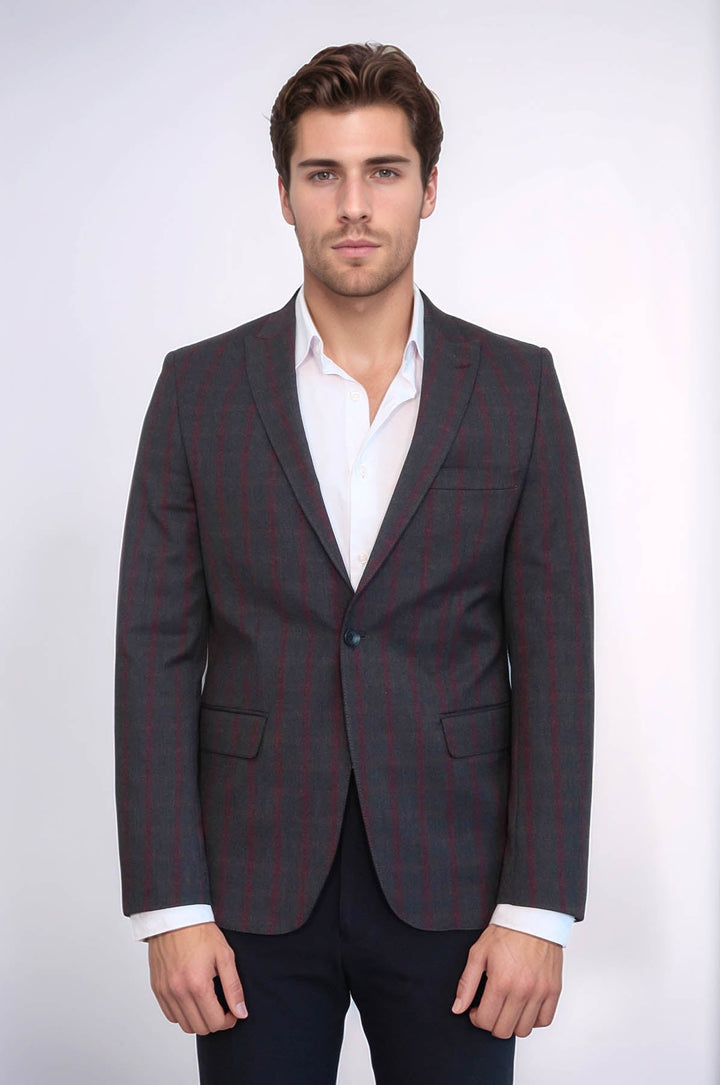 WSS Checked Slim-Fit Dark Grey Men Blazer  - Drancy