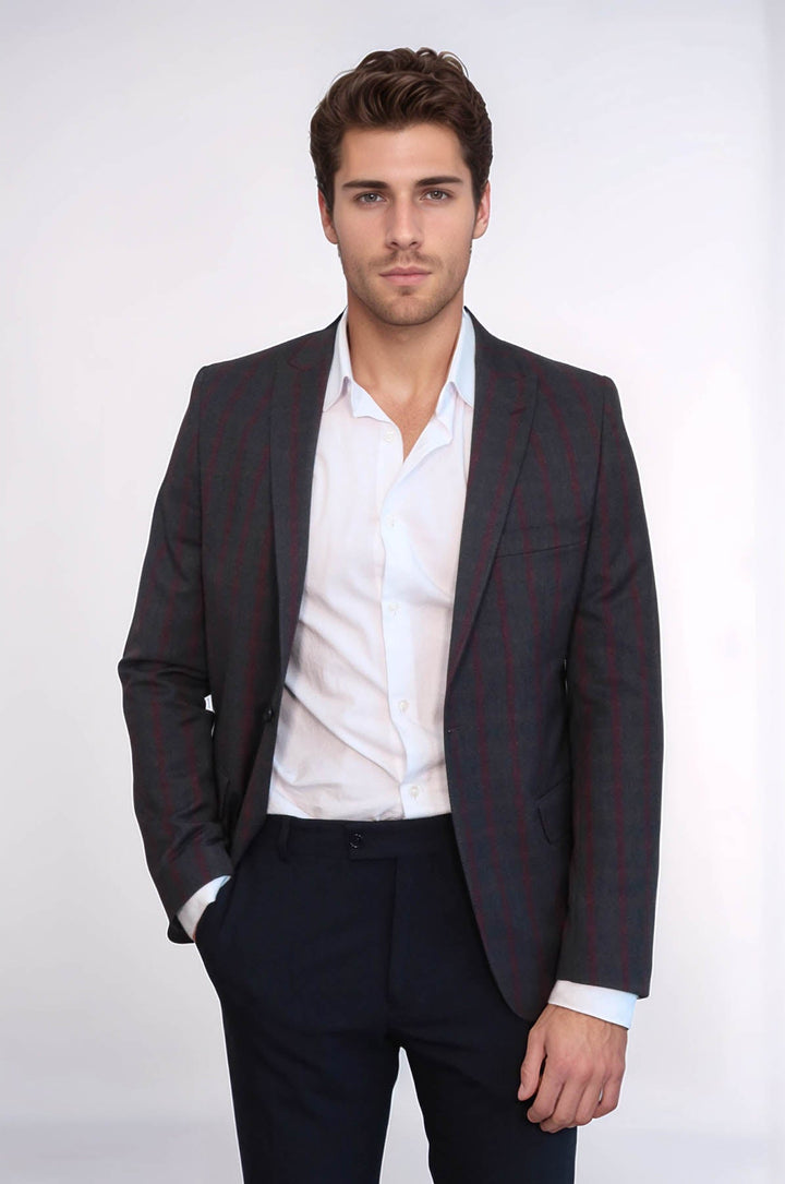 WSS Checked Slim-Fit Dark Grey Men Blazer  - Drancy