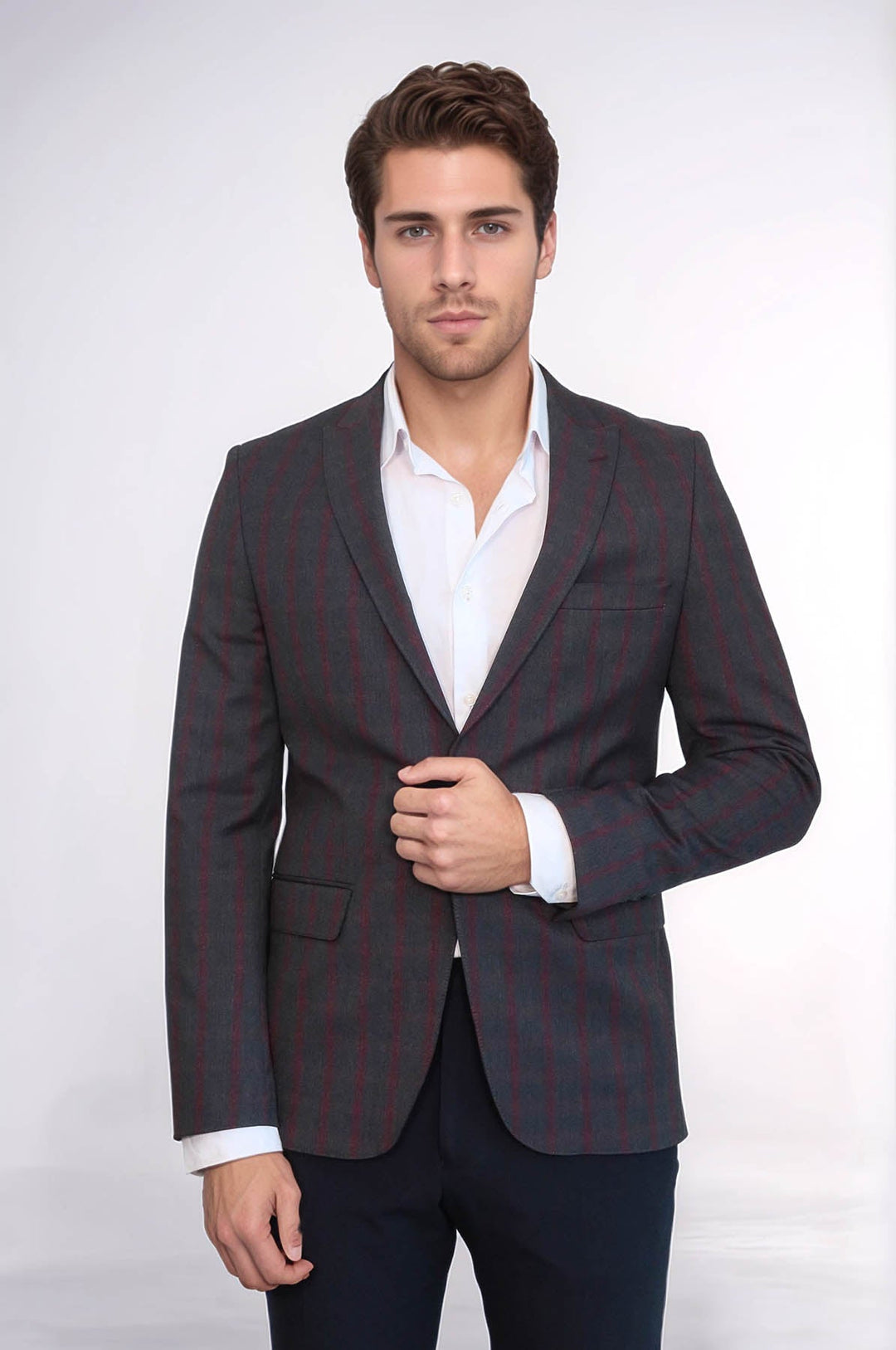 WSS Checked Slim-Fit Dark Grey Men Blazer  - Drancy