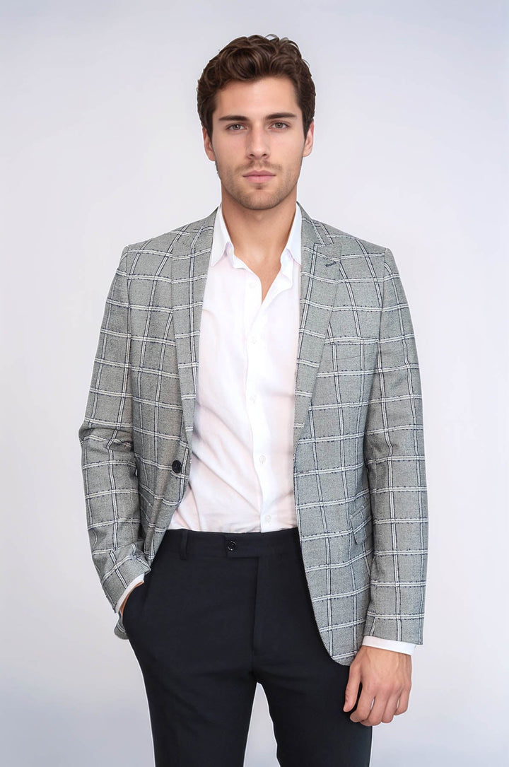 WSS Checked Slim-Fit Grey Men Blazer  - New Albany