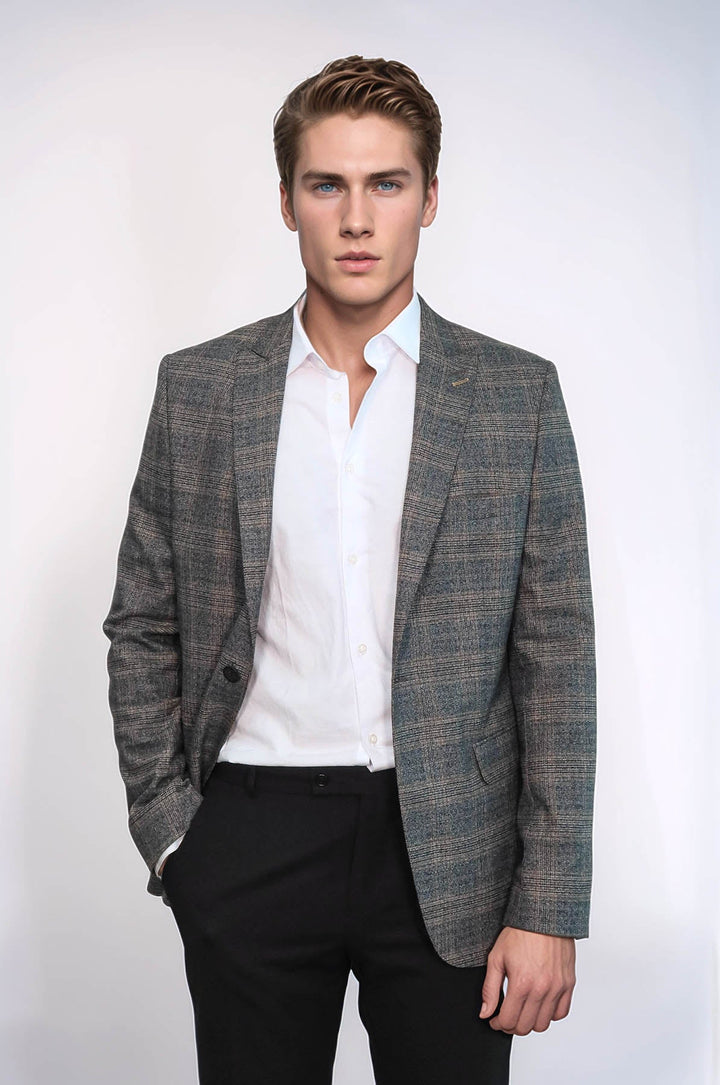 WSS Checked Slim-Fit Dark Grey Men Blazer  - Graz