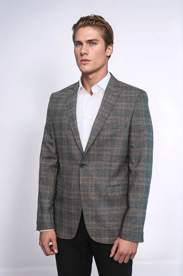 WSS Checked Slim-Fit Dark Grey Men Blazer  - Graz