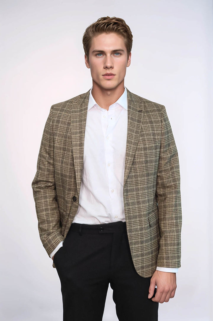 WSS Checked Slim-Fit Light Brown Men Blazer  - Teziutlan