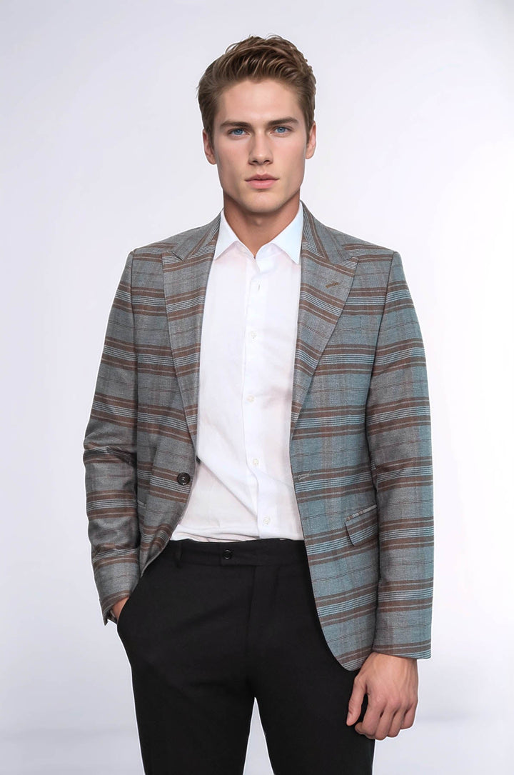 WSS Checked Slim-Fit Brown Men Blazer  - Marcq-en-Baroeul