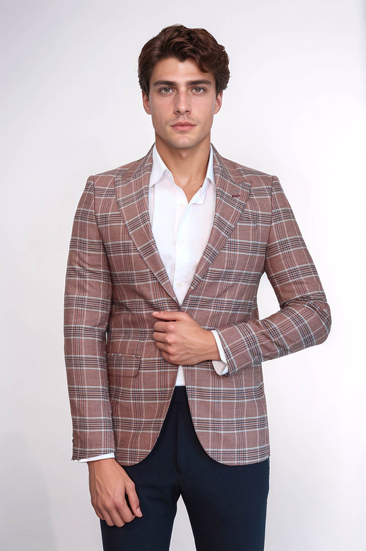 WSS Checked Single Button Burgundy Men Blazer  - Mukacheve