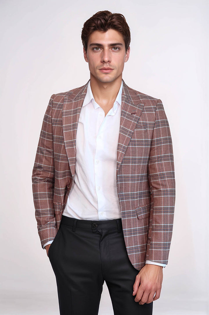 WSS Checked Single Button Burgundy Men Blazer  - Mukacheve