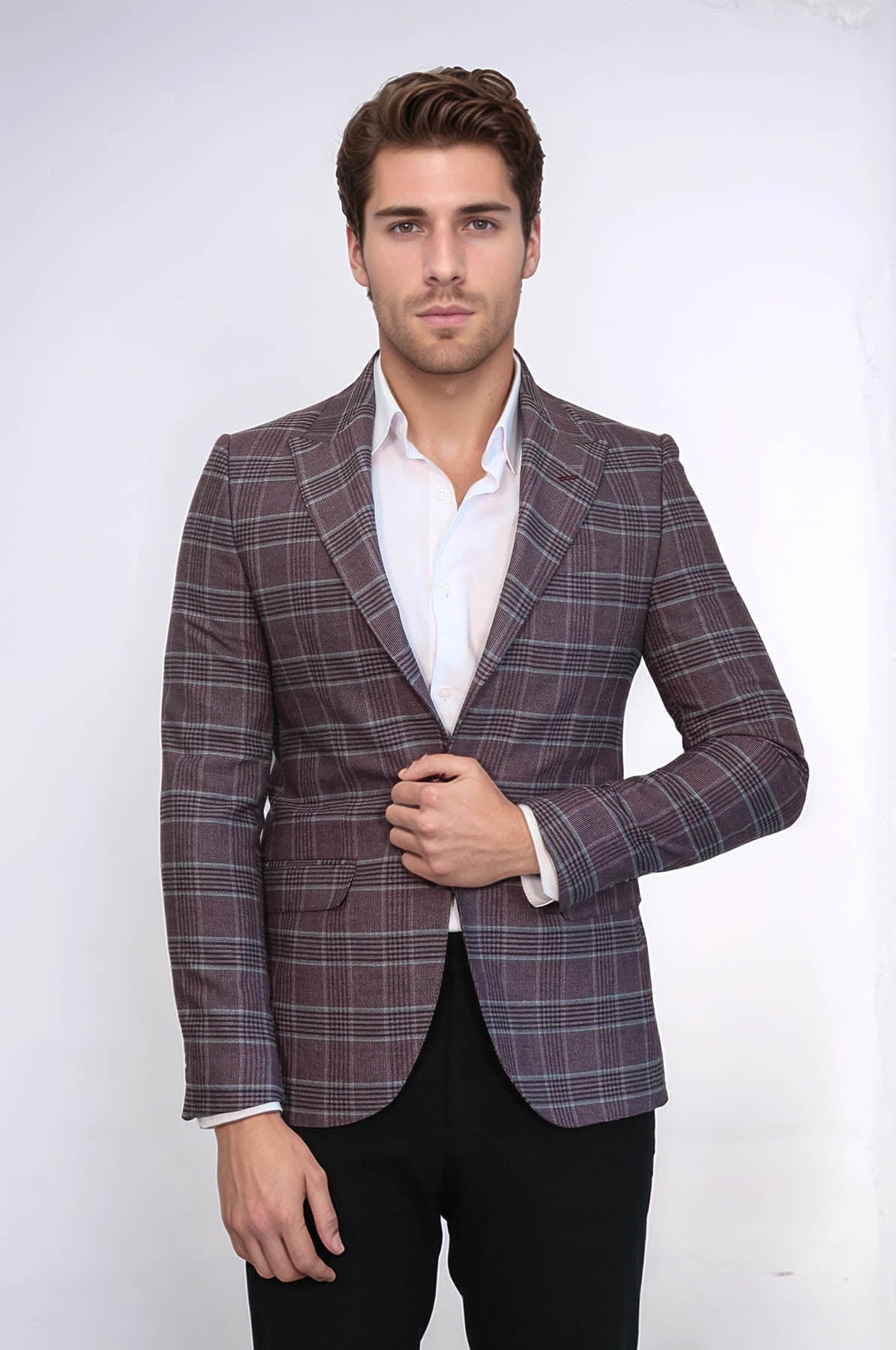 WSS Slim-Fit Checked Burgundy Men Blazer  - La Chaux-de-Fonds
