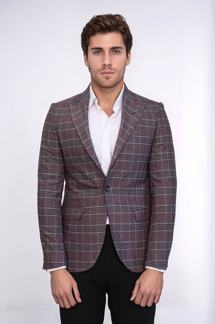 WSS Slim-Fit Checked Burgundy Men Blazer  - La Chaux-de-Fonds