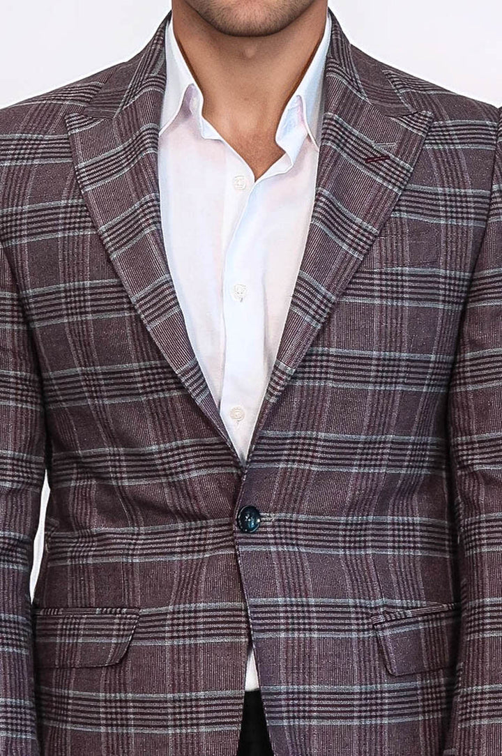 WSS Slim-Fit Checked Burgundy Men Blazer  - La Chaux-de-Fonds