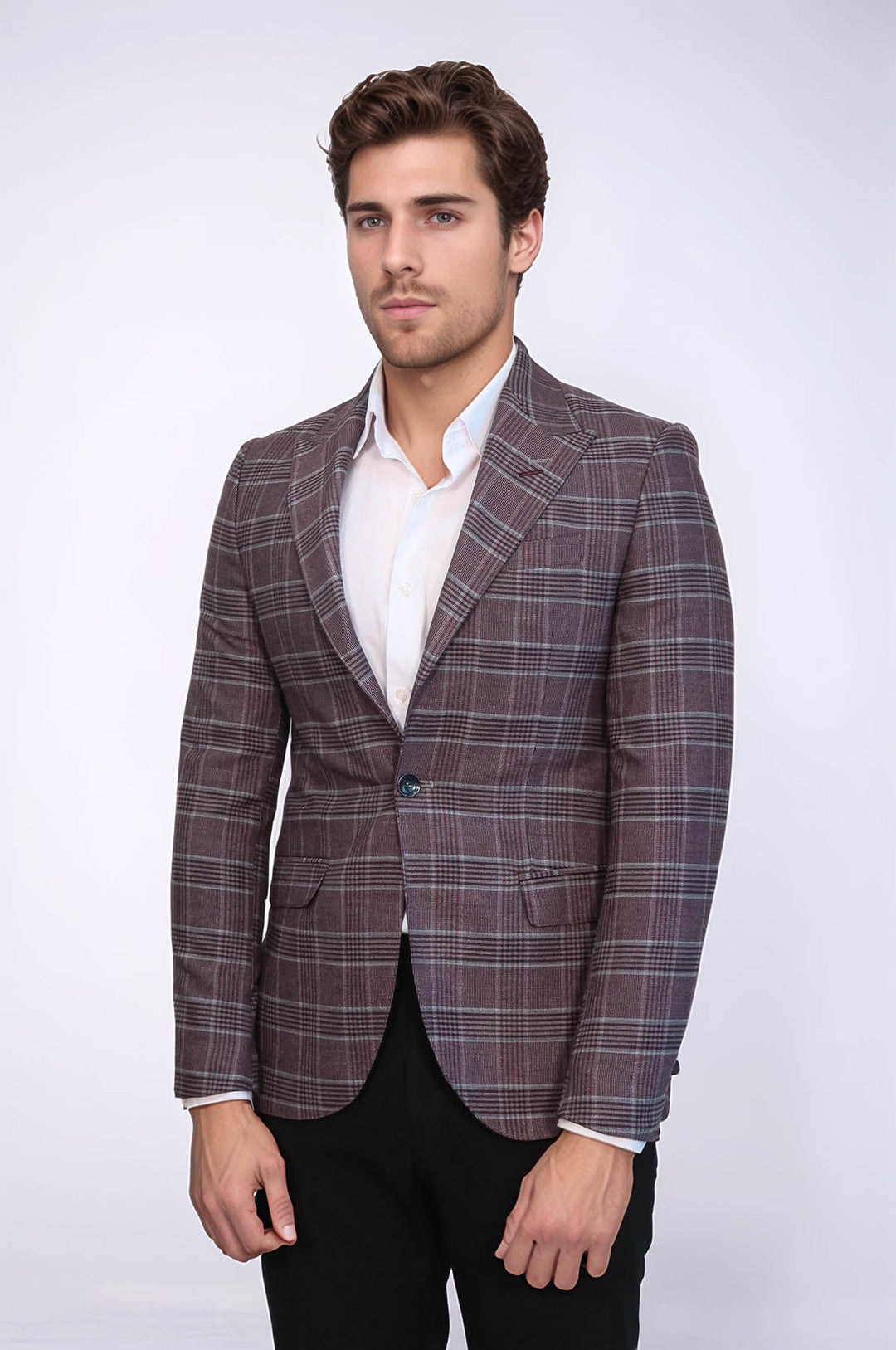 WSS Slim-Fit Checked Burgundy Men Blazer  - La Chaux-de-Fonds
