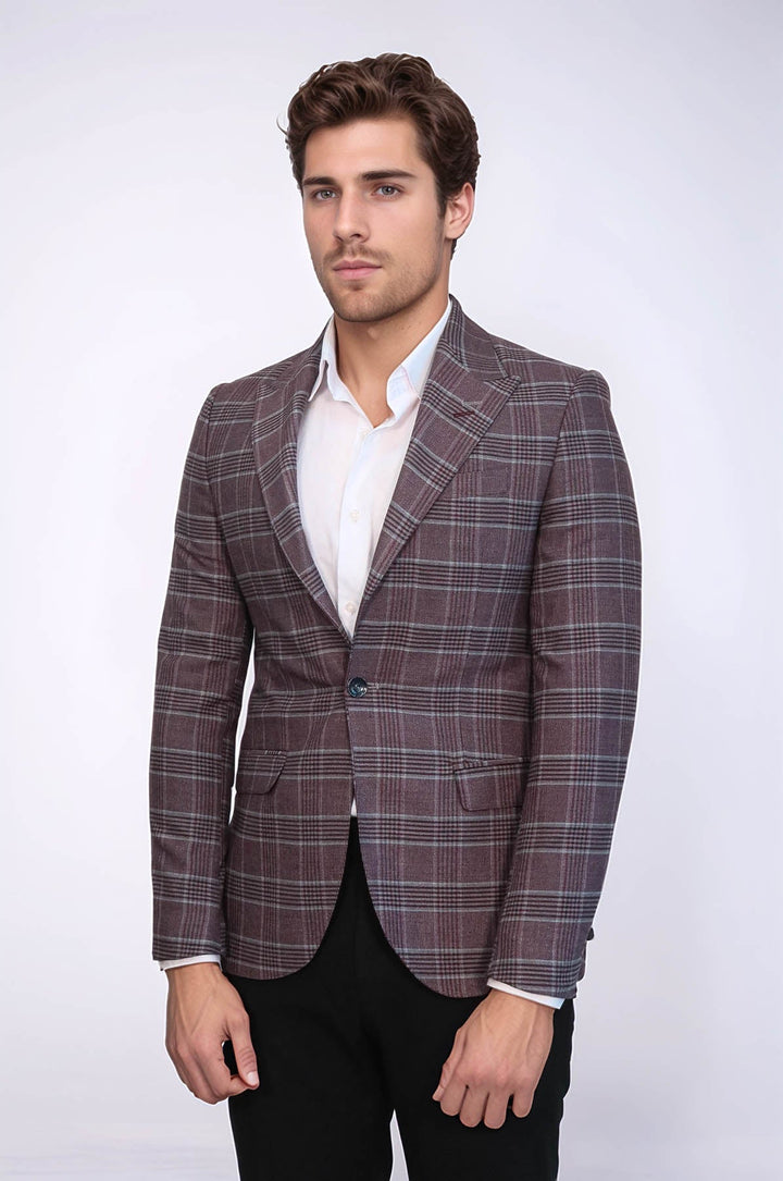 WSS Slim-Fit Checked Burgundy Men Blazer  - La Chaux-de-Fonds