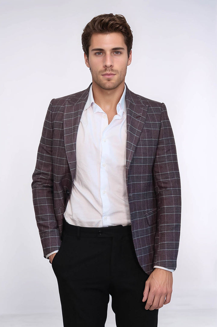 WSS Slim-Fit Checked Burgundy Men Blazer  - La Chaux-de-Fonds
