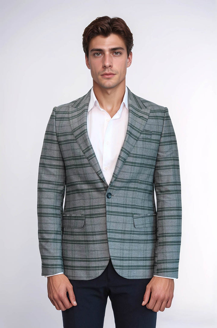 WSS Checked Slim Fit Single Button Green Men Blazer  - Bristol