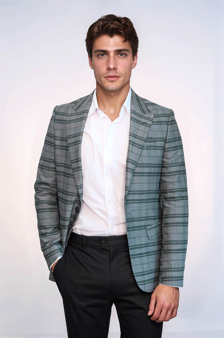 WSS Checked Slim Fit Single Button Green Men Blazer  - Bristol