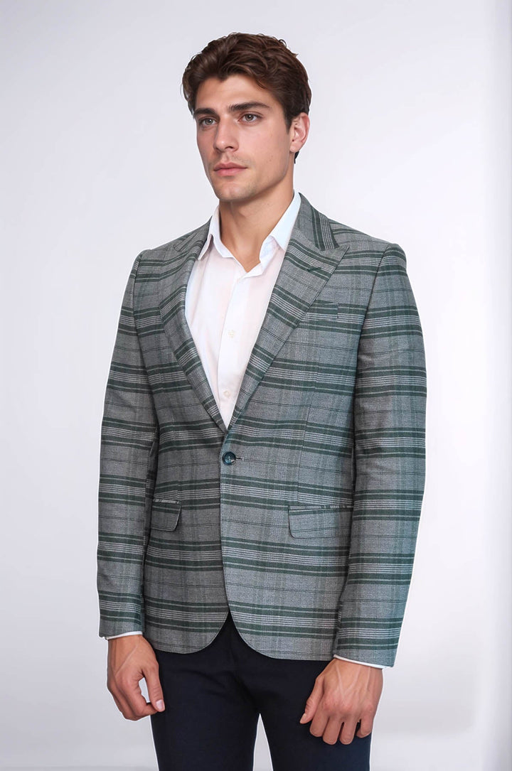 WSS Checked Slim Fit Single Button Green Men Blazer  - Bristol