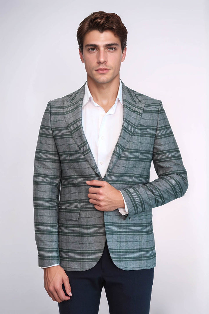 WSS Checked Slim Fit Single Button Green Men Blazer  - Bristol