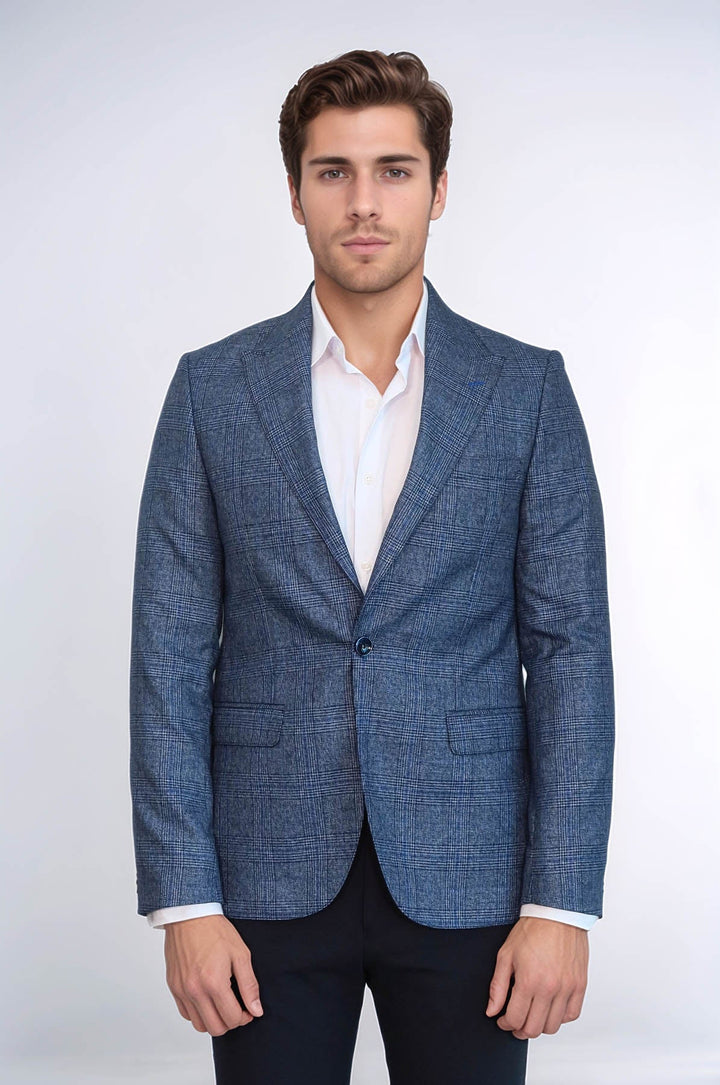 WSS Checked Slim-Fit Single Button Navy Blue Men Blazer  - Coatepec Harinas