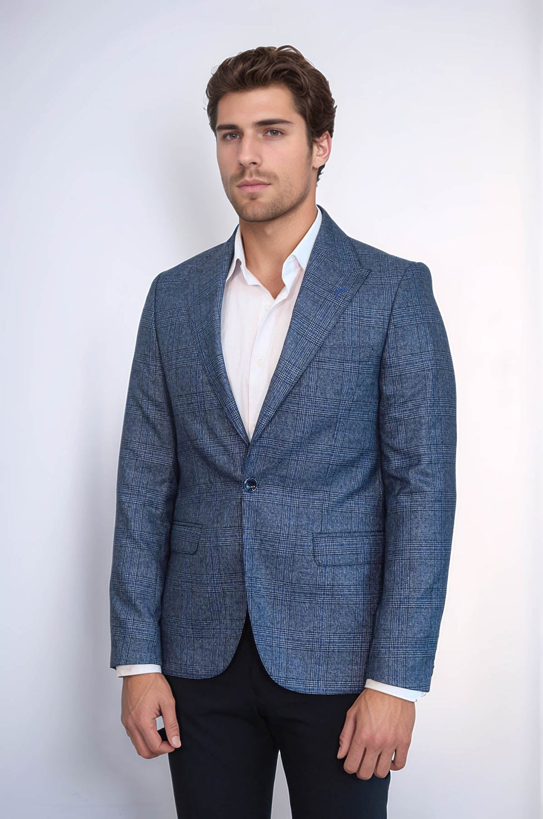 WSS Checked Slim-Fit Single Button Navy Blue Men Blazer  - Coatepec Harinas