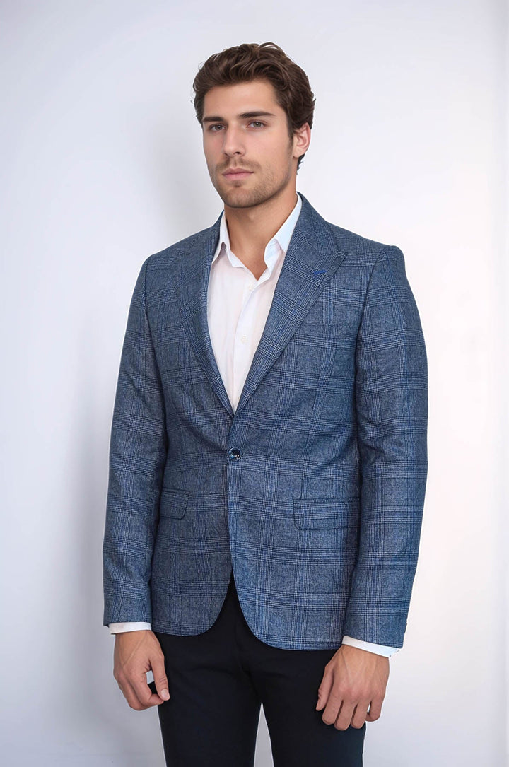 WSS Checked Slim-Fit Single Button Navy Blue Men Blazer  - Coatepec Harinas