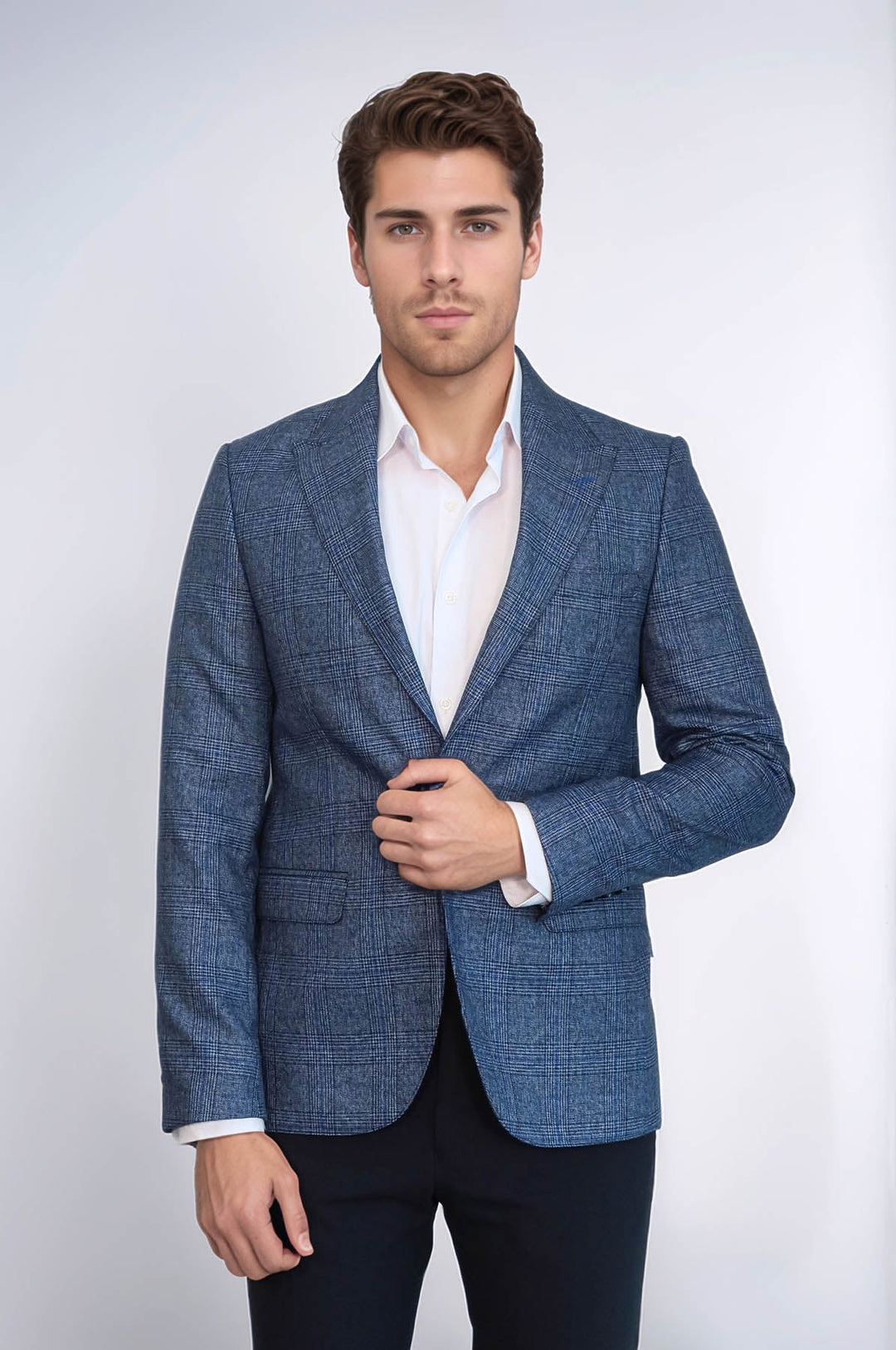 WSS Checked Slim-Fit Single Button Navy Blue Men Blazer  - Coatepec Harinas
