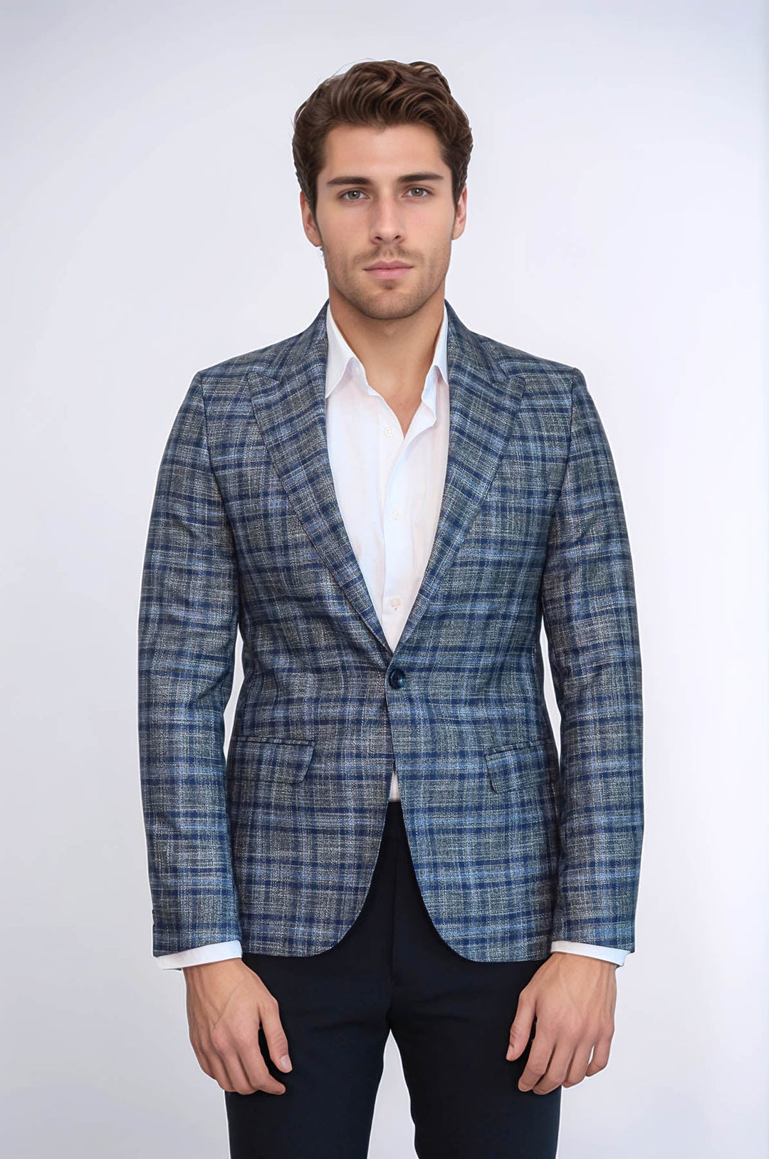 WSS Checked Slim-Fit Single Button Navy Blue Men Blazer  - Caguas