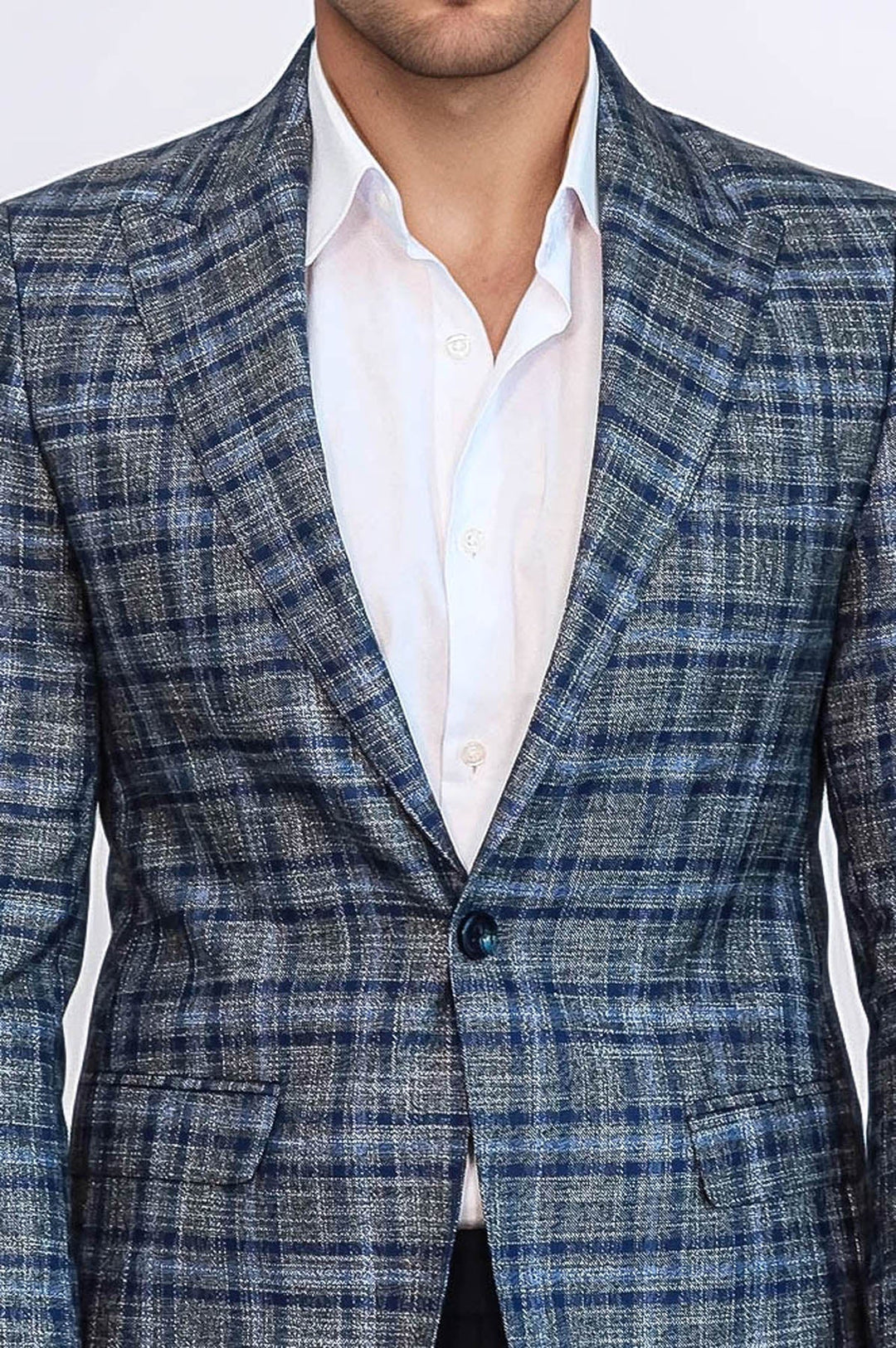 WSS Checked Slim-Fit Single Button Navy Blue Men Blazer  - Caguas