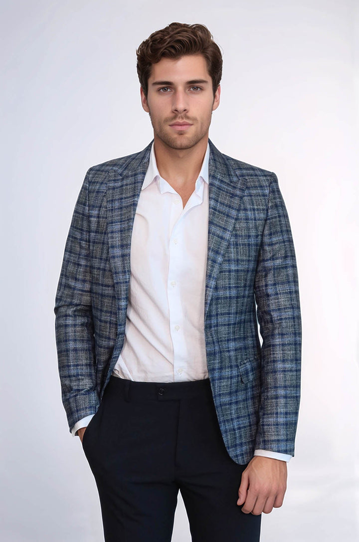 WSS Checked Slim-Fit Single Button Navy Blue Men Blazer  - Ágios Dimítrios