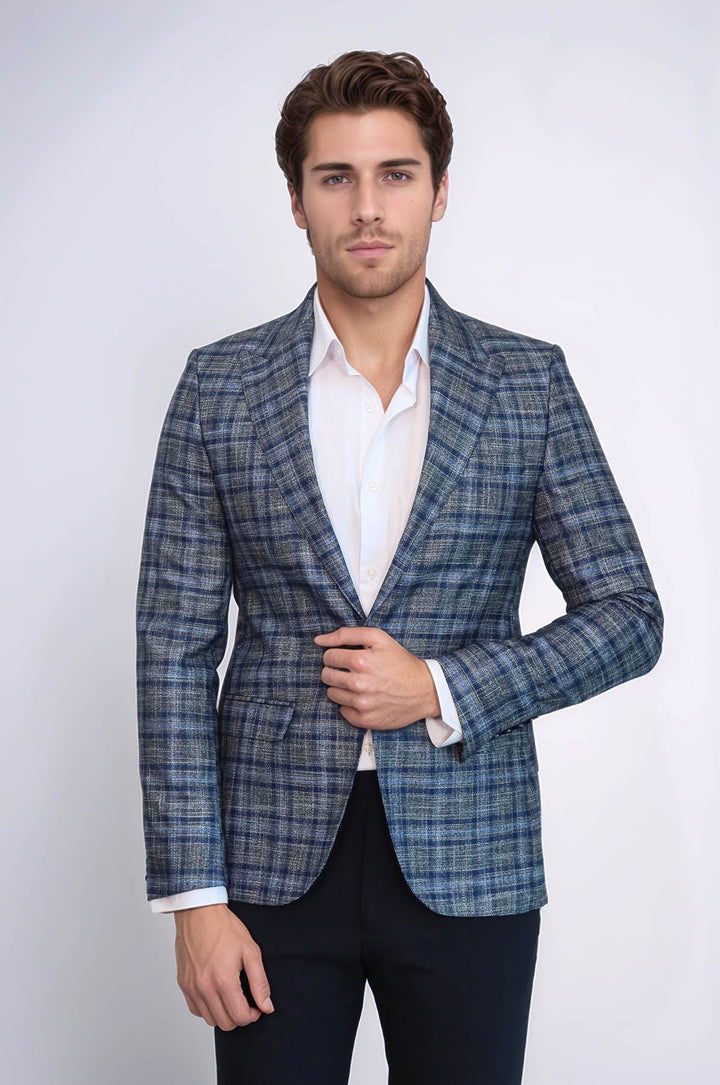 WSS Checked Slim-Fit Single Button Navy Blue Men Blazer  - Caguas