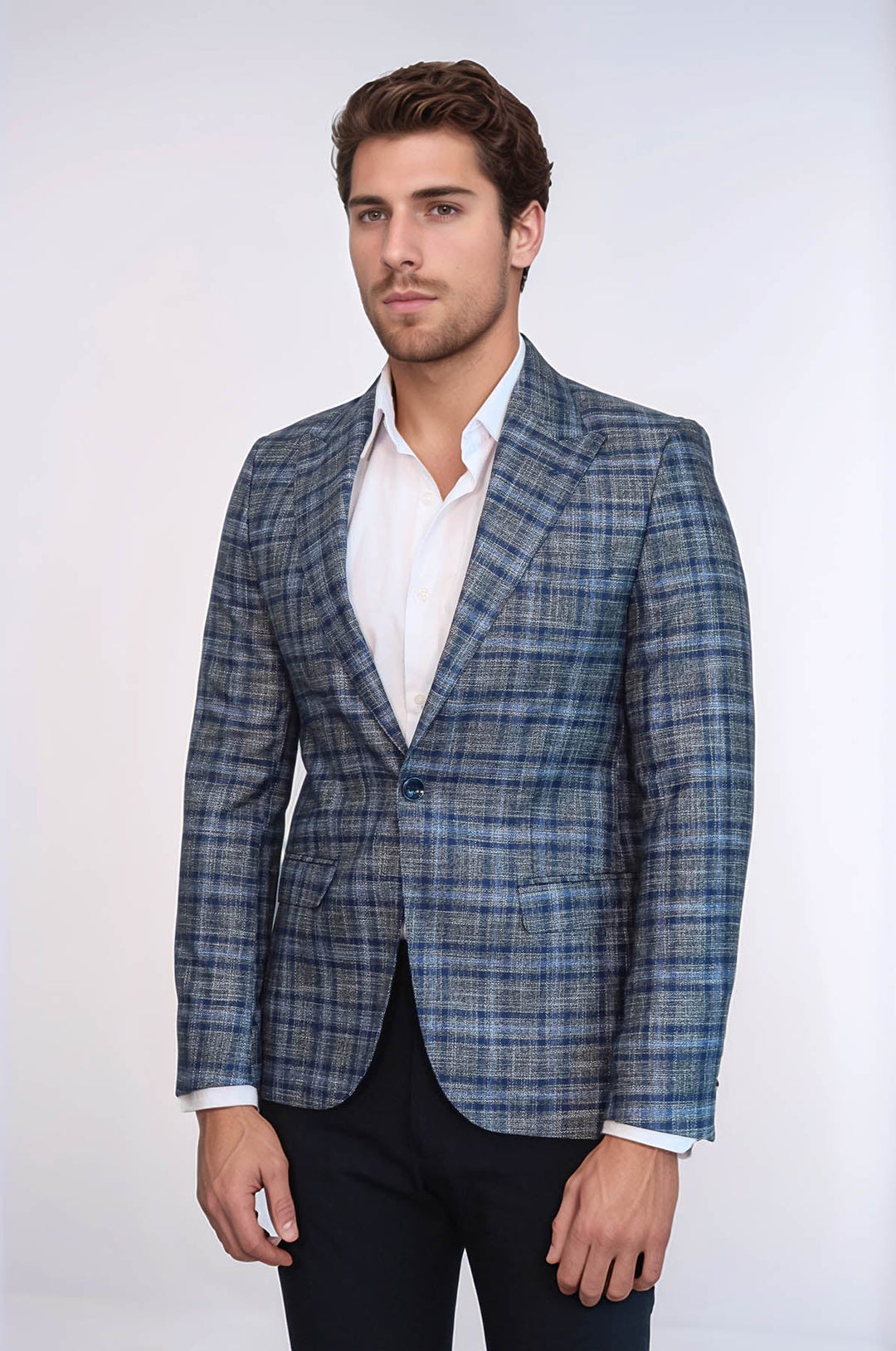 WSS Checked Slim-Fit Single Button Navy Blue Men Blazer  - Caguas