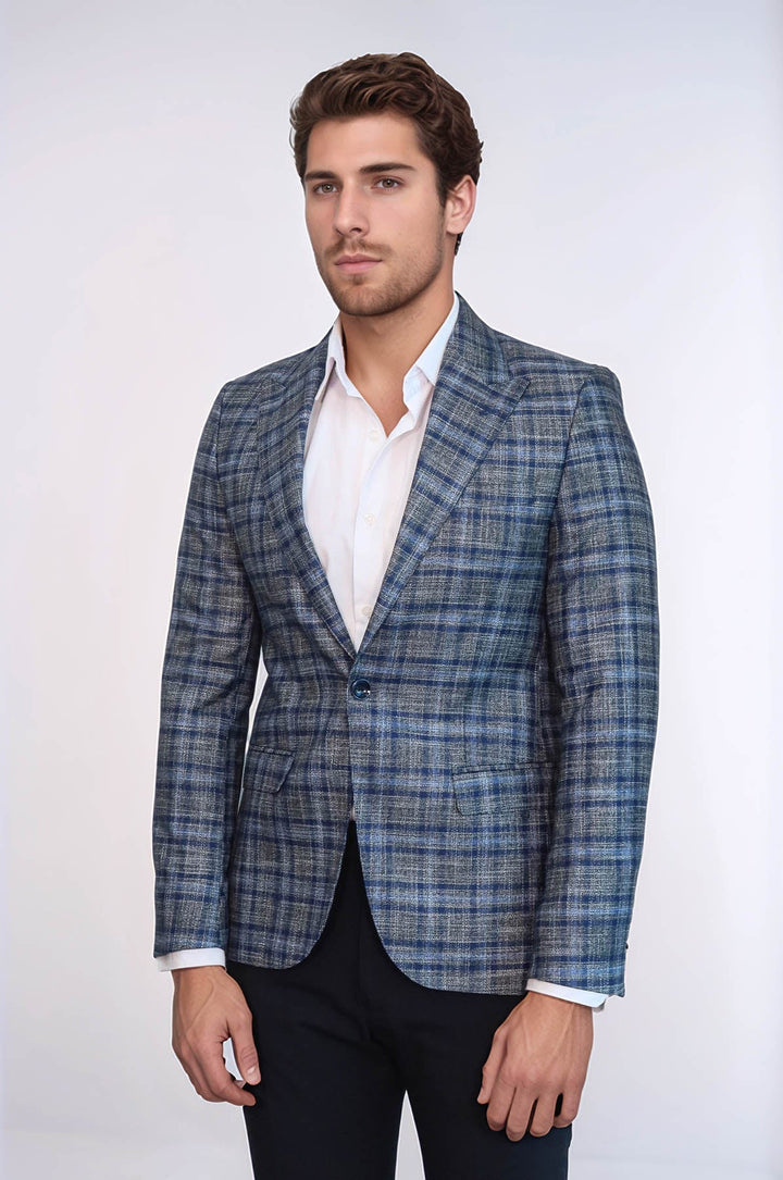 WSS Checked Slim-Fit Single Button Navy Blue Men Blazer  - Caguas