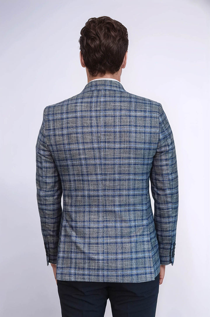 WSS Checked Slim-Fit Single Button Navy Blue Men Blazer  - Ágios Dimítrios