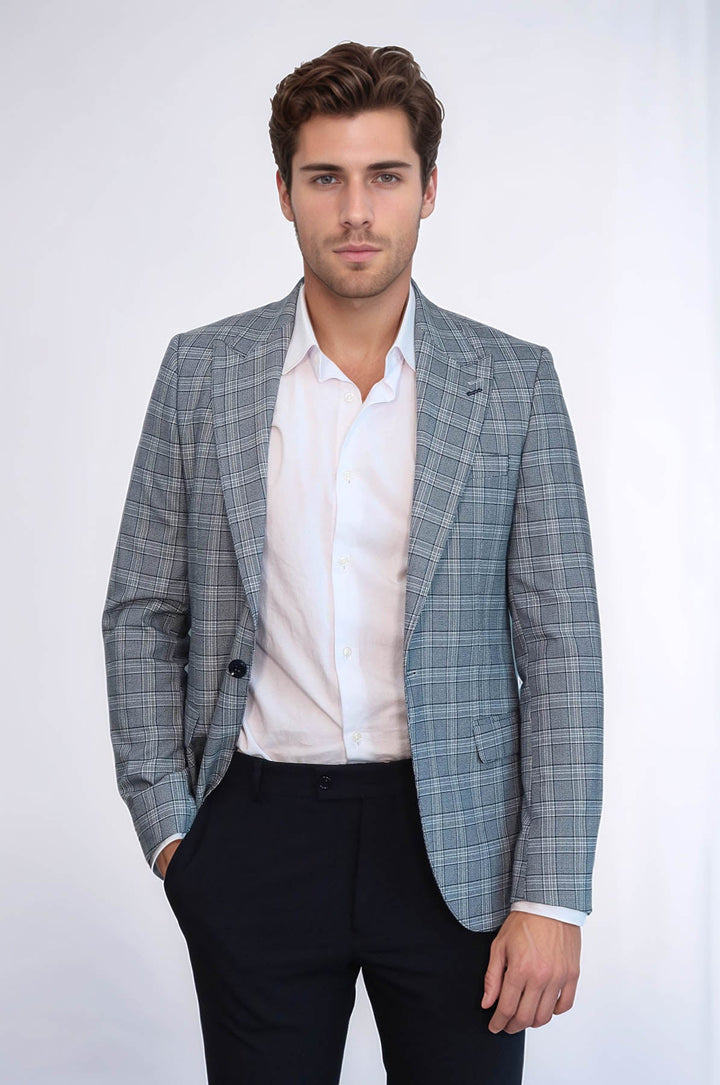 WSS Checked Slim-Fit Grey Men's Blazer  - Gulfport