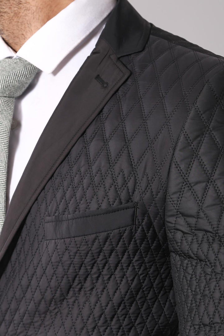 WSS 3 Pockets 2 Button Quilted Coat Jacket Black Short Coat- - Singen