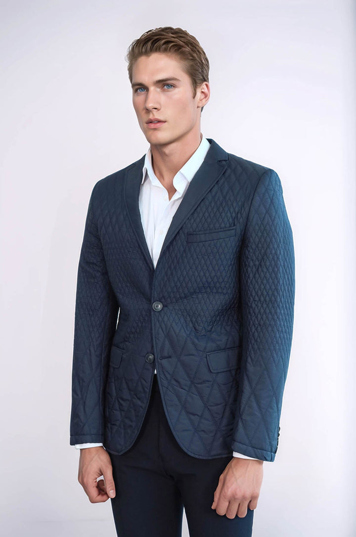 WSS Slim Fit Navy Blue Quilted Blazer  - Marana