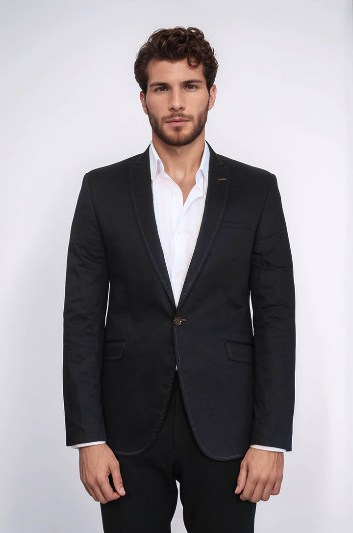 WSS Single Button Cotton Mono Lapel Black Jacket- - Juana Díaz