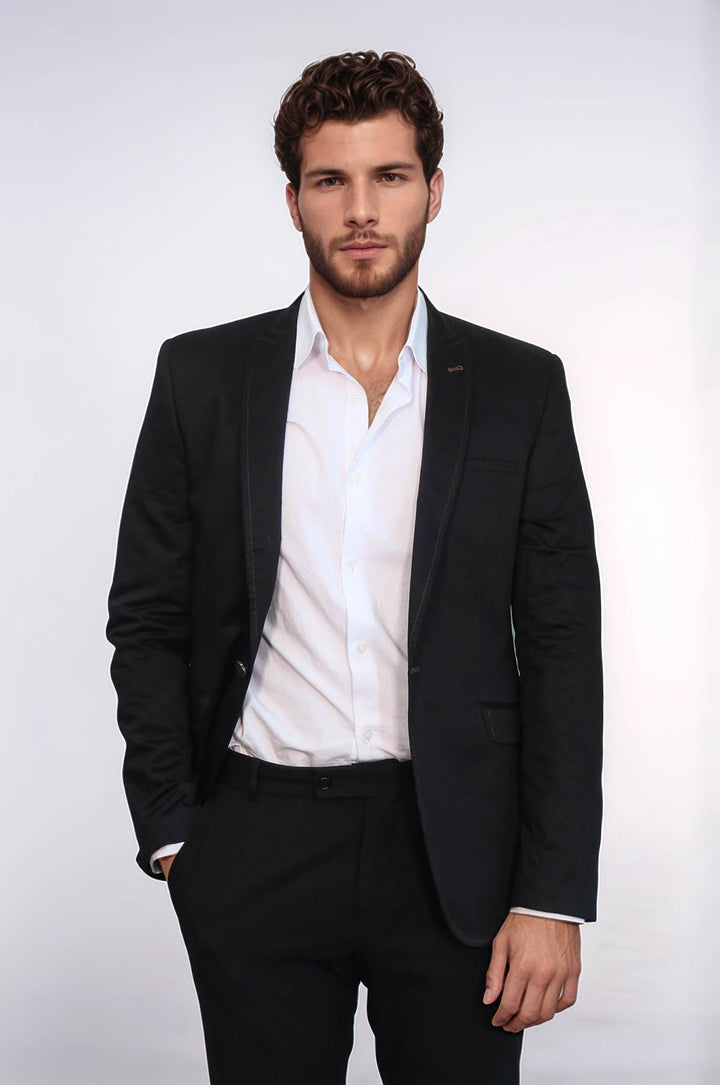 WSS Single Button Cotton Mono Lapel Black Jacket- - Juana Díaz