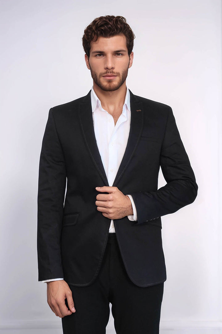 WSS Single Button Cotton Mono Lapel Black Jacket- - Juana Díaz