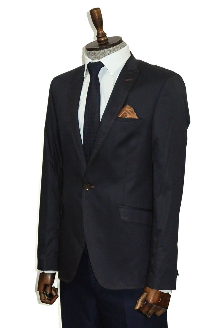 WSS Single Button Cotton Mono Lapel Navy Blue Jacket- - Lexington