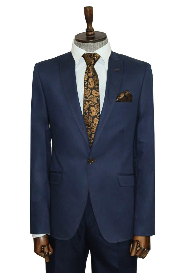 WSS Single Button Cotton Mono Lapel Dark Blue Jacket- - Belfort