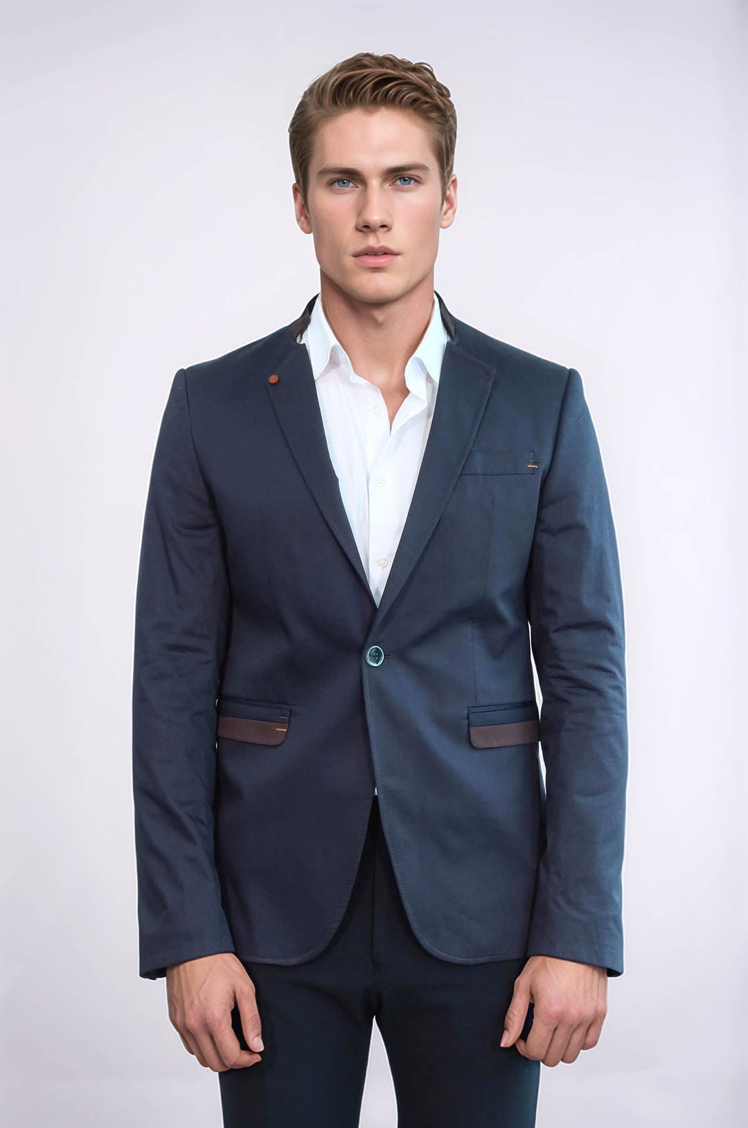 WSS Single Button Standing Collar Navy Blue Men Blazer  - Salem