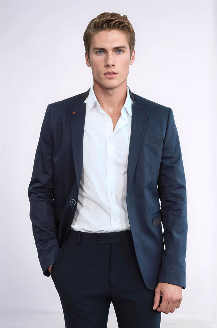 WSS Single Button Standing Collar Navy Blue Men Blazer  - Salem