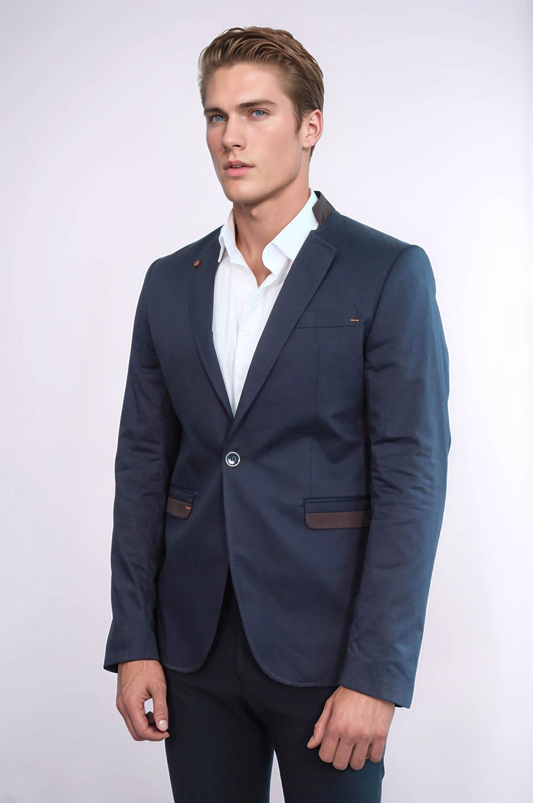 WSS Single Button Standing Collar Navy Blue Men Blazer  - Salem