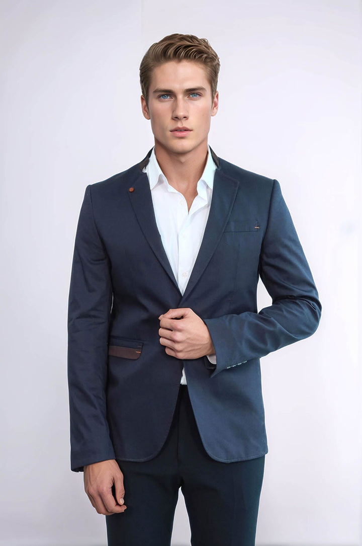 WSS Single Button Standing Collar Navy Blue Men Blazer  - Salem