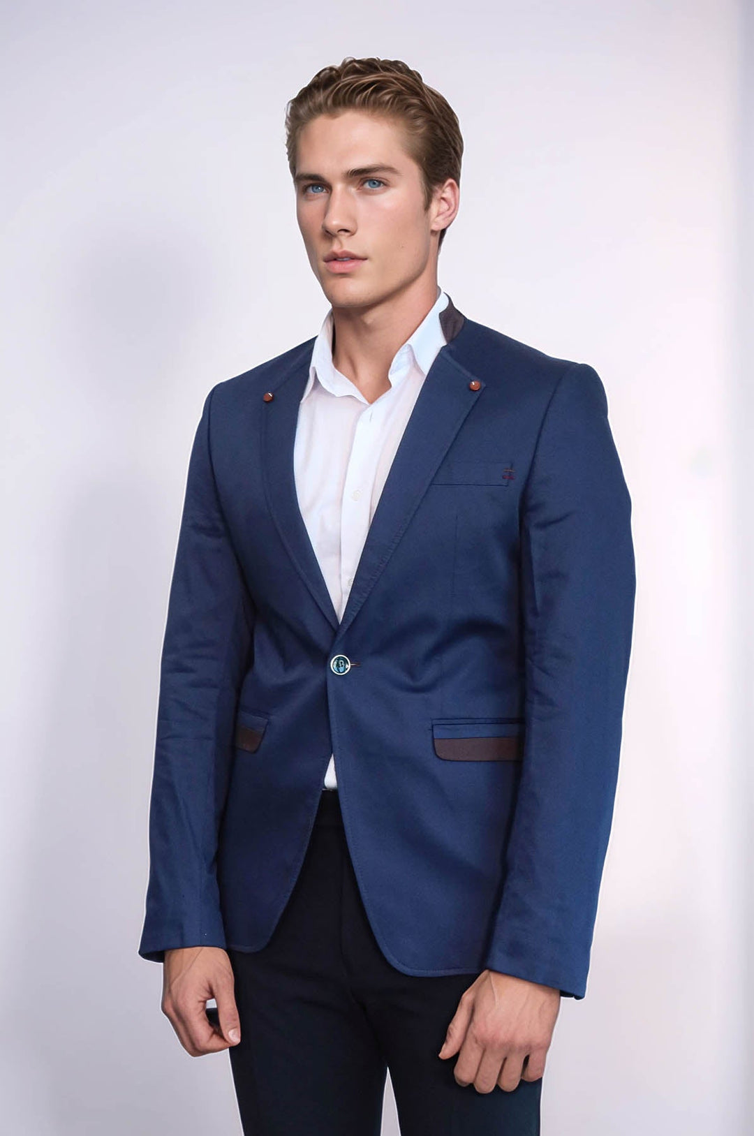 WSS Single Button Standing Collar Navy Blue Men Blazer  - Aranjuez