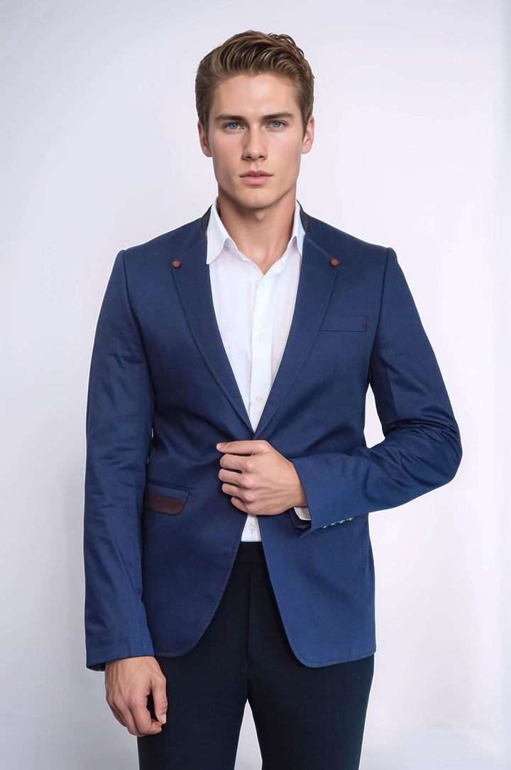 WSS Single Button Standing Collar Navy Blue Men Blazer  - Aranjuez