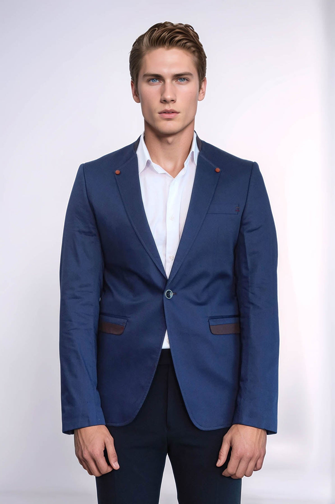 WSS Single Button Standing Collar Navy Blue Men Blazer  - Aranjuez